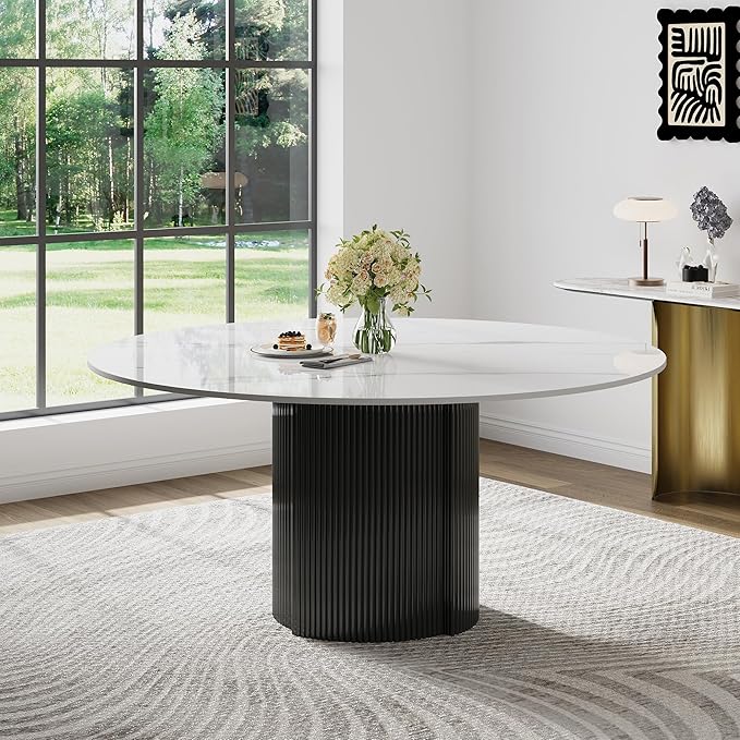 59" Modern Round Dining Table for 6, Glossy White Sintered Stone Kitchen Table with Black Fluted Metal Pedestal, for Dining Room (Table Only), Easy Assembly