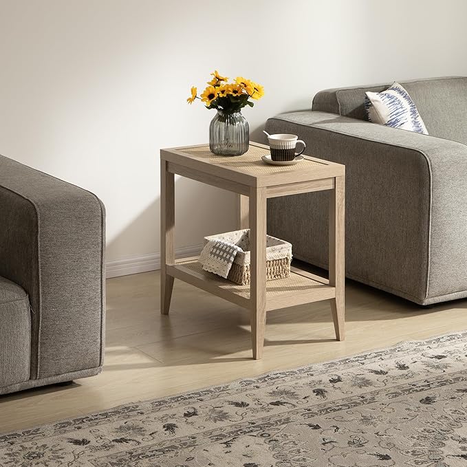 SICOTAS Rattan Nightstands Set of 2 Boho Bedside Tables Narrow End Table Side Table, Light Oak