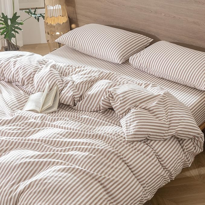 MooMee Striped Duvet Cover Set 100% Washed Cotton Linen Like Textured Breathable Durable Soft Comfy (Orange Classic Stripes, Queen 90"x90")