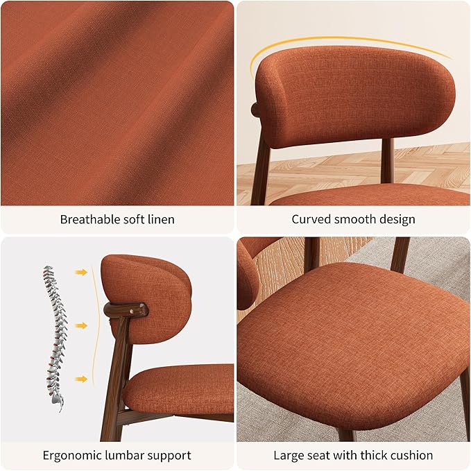 Kitchen Dining Chairs Set of 2 Modern Soft Linen Farmhouse Dining Room Chair with Metal Legs, Orange/Walnut