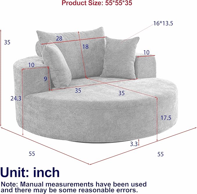 KEIKI 55" Oversized Swivel Accent Chair, Large Barrel Chairs Upholstered Round Swivel Chair, Chenille Single Sofa Armchair, Sleeper Chair for Living Room, Lounge, Beige
