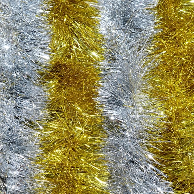 Jishi 50 FT Christmas Garland Silver Tinsel Garland Christmas Tree Decorations - Non-Lit Xmas Holiday Decor Outdoor Indoor Home Garden Outside Wedding Party Artificial Thick Silver Decorative Garland