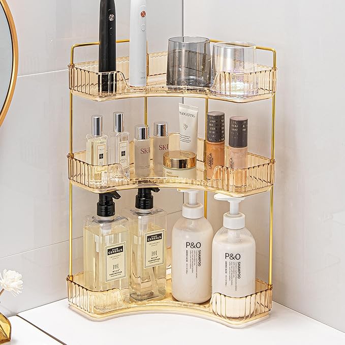 Corner Bathroom Counter Organizer Bathroom Countertop Shelf Makeup Organizer for Vanity Perfume Corner Storage (3 Tiers, Gold)
