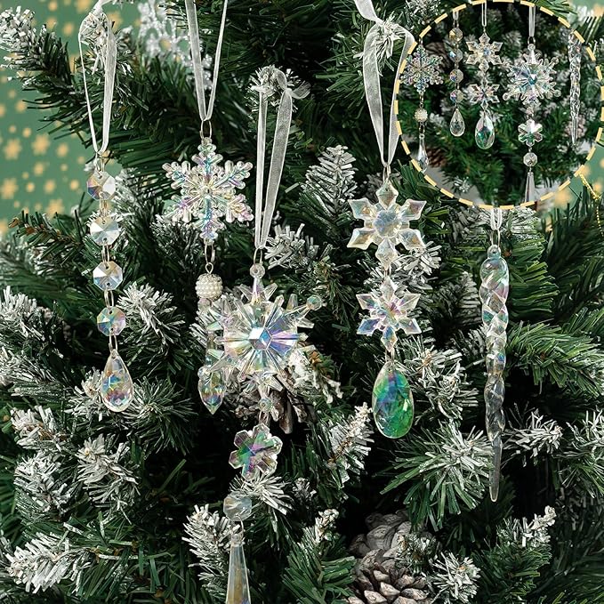32pcs Christmas Decoration Crystal Ornaments - Iridescent Christmas Tree Ornaments Acrylic Snowflakes Drop Icicle Pendants Hanging Ornaments for Xmas Tree Winter Holiday Frozen Party Decorations