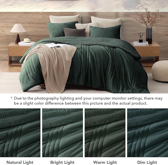 Monbix Fluffy Queen Comforter Set Deep Forest, Sherpa Plush Fuzzy Comforter 3 Piece for Queen Size Bed, Luxury Soft Winter Warm Bedding Set