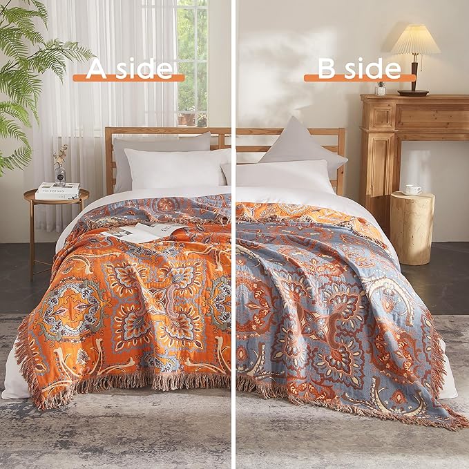 Boho Throw Blanket 100% Cotton Woven Ultra Soft 4-Layer Muslin Quilt Farmhouse Bed Blanket Cover 60"x80", Vintage Floral