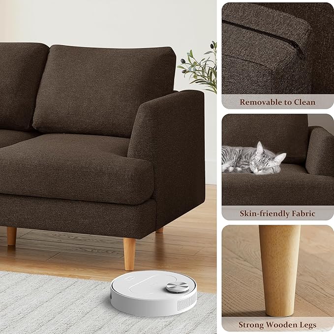 Loveseat Sofa with Deep Seats Mid Century Upholstered 2 Seat Small Sofa, Brown