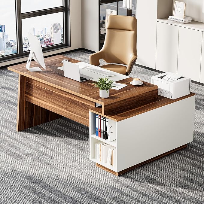 LITTLE TREE 70.5-Inch Executive Desk, Large Home Office Desk with Storage Cabinet and Open Shelves, L-Shaped Computer Corner Desk, Workstation for Office Home, Walnut and Black