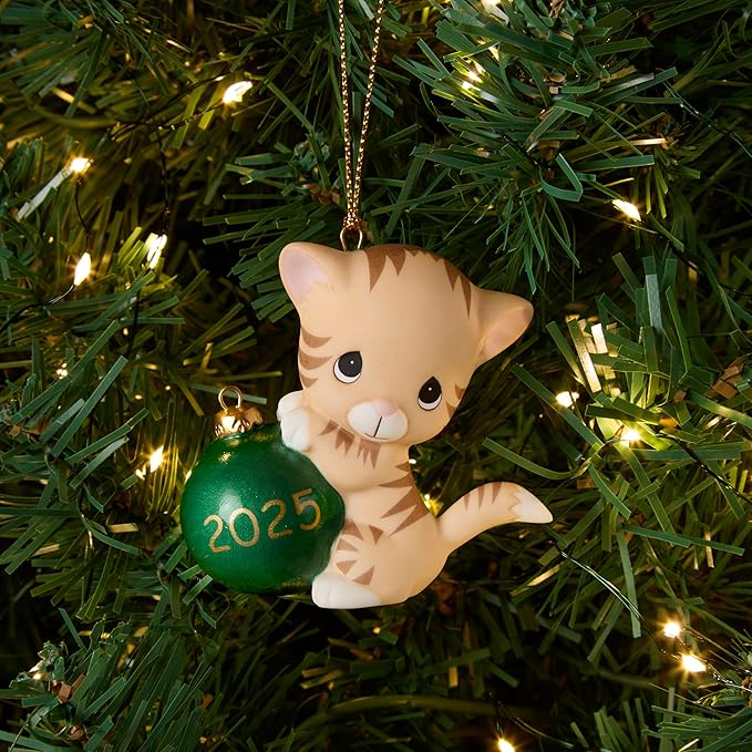 Precious Moments Purr-fectly Festive 2025 Dated Cat Bisque Porcelain Ornament – Festive Tabby with Christmas Ball – 251007