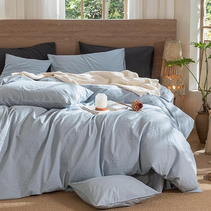 MooMee Wavy Striped Duvet Cover Set 100% Washed Cotton Linen Like Textured Breathable Durable Soft Comfy (Cornflower Blue, King 104"x90")