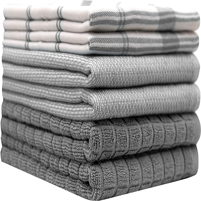 Premium Kitchen Dish Towels Set of 6 Large Cotton Hand Towels Absorbent Tea Towels, Grey Check