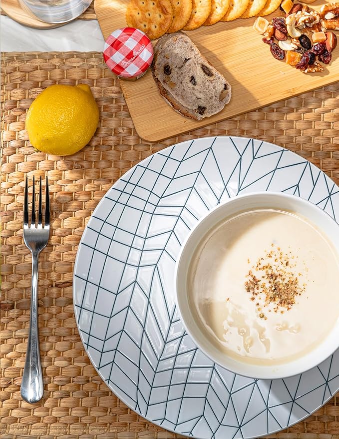 BZYOO 12 Piece Ceramic Dinnerware Set Modern Contemporary Design Plates and Bowls for Dining Glossy White Stoneware Dishes Set Microwave And Dishwasher Safe (Spidy Collection)
