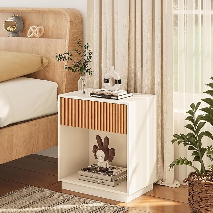 Fluted Nightstands Set of 2, Modern Bedside Table with Drawer and Storage Shelf, Wood End Table Mid Century Night Stands for Bedroom Living Room Office (White+Oak)