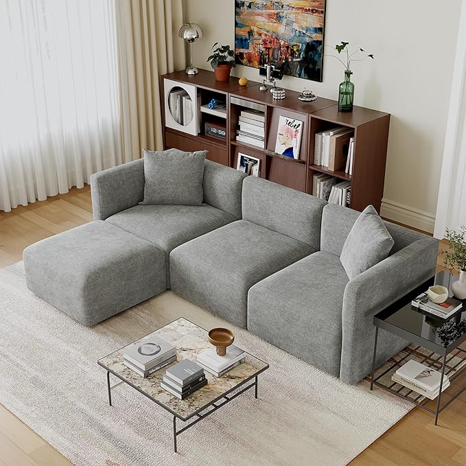 Acanva Luxury L-Shaped Upholstery Convertible Modular Sectional Sofa, Contemporary Reversible Couch with Chaise Lounge for Living Room, Apartment, Linen-Like Grey