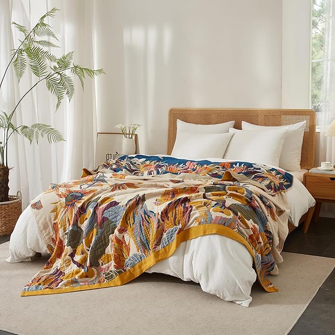 Boho Throw Blanket 100% Cotton Woven Ultra Soft 4-Layer Muslin Quilt Farmhouse Bed Blanket Cover 60"x80", Floral