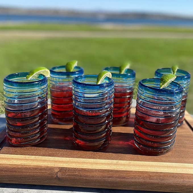 Hand Blown Mexican Drinking Glasses – Set of 6 Glasses with an Aqua Spiral Design (14 oz each) …