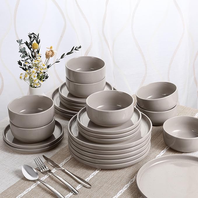 HaWare Stoneware Dinnerware Sets, 24-Piece Plates and Bowls Set for 8, Dishes Set for Home Restaurant, Speckled Cream Coffee