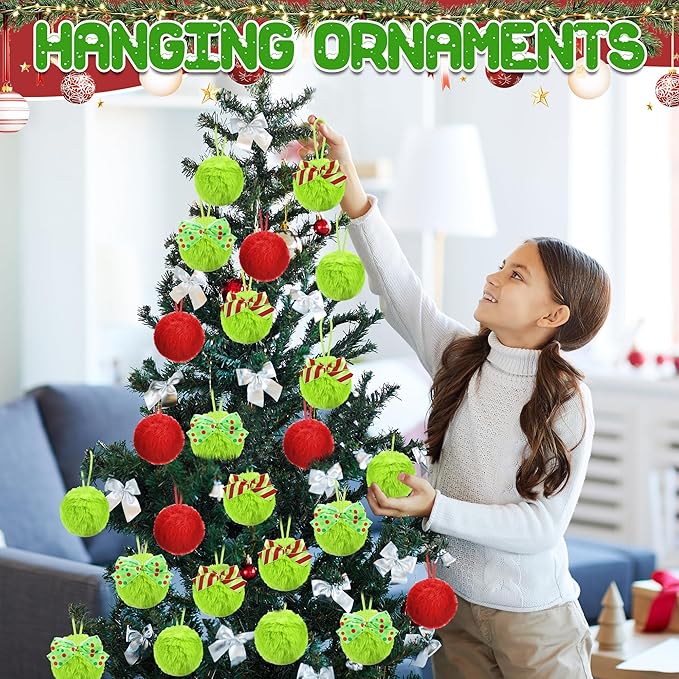 24 Pcs Red Green Furry Christmas Ball Ornaments, 3.15 Inch Large Decor Ball with Bows, Christmas Hanging Decorations Lime Green Soft Faux Fur Pom Pom Balls Decor for Xmas Tree Party Supplies