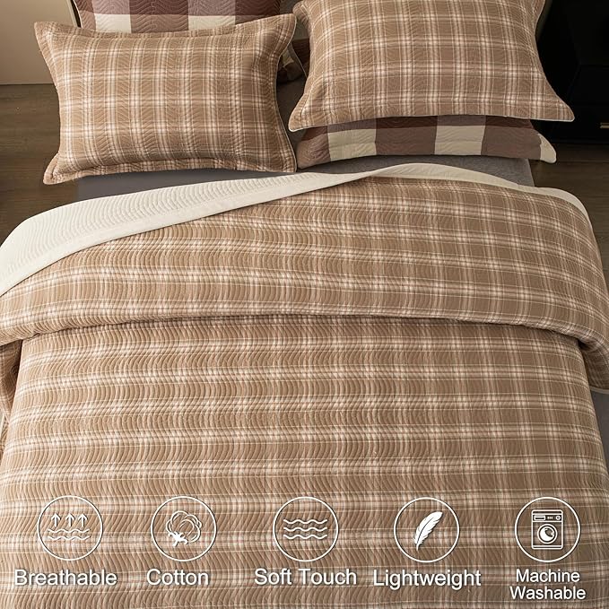 Cotton Plaid Quilt Set Queen 3 Piece Lightweight Reversible Bedding, Grid Beige