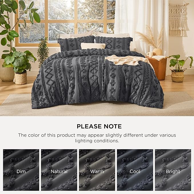 Bedsure Tufted Boho Comforter Set California King Size - Dark Grey Boho Bed Set, GentleSoft™ 3 Pieces Farmhouse Shabby Chic Embroidery Bedding, Gifts for Woman, Soft Jacquard Comforter for All Seasons