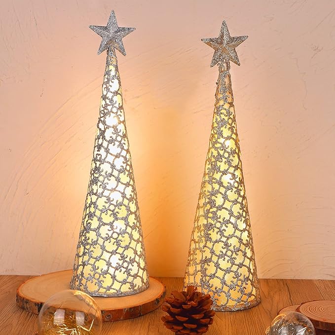 Juegoal Lighted Christmas Table Decorations with Star and 10 LED Lights Battery Operated, Indoor Xmas Thanksgiving Holiday Wedding Party Tabletop Desk Ornament, Set of 2 (Gold, Silver)