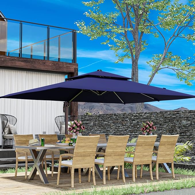 10x13FT Cantilever Outdoor Patio Umbrellas, Double Top Large Rectangle Umbrella, Heavy Duty 360° Rotation Offset Outdoor Sun Shade Umbrella for Garden Deck Pool Backyard, Navy Blue
