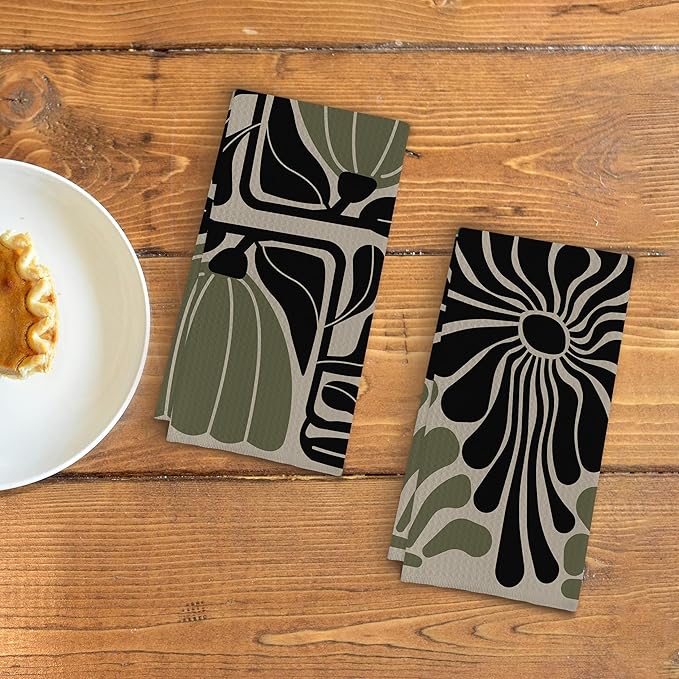 Sage Green Groovy 70s Retro Kitchen Towels Set of 2 Boho Floral Dish Towels Boho Hand Towels Boho Bathroom Decor 16x24