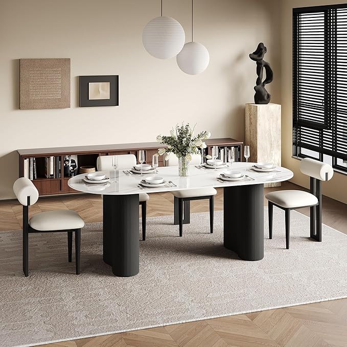 71" Modern Oval Dining Table for 6, Glossy White Sintered Stone Dining Tabletop with Black Dual-Pedestal, Easy Assembly Dining Room Table for Home Kitchen (Table Only)