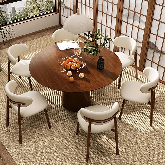 Kitchen Dining Chairs Set of 2 Modern Upholstered Leather Farmhouse Dining Room Chair with Metal Legs, Walnut Leg/Beige