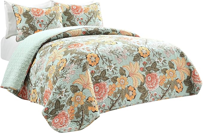 Lush Decor Sydney Reversible Cotton Quilt Set King 3 Piece Bedding, Blue Green
