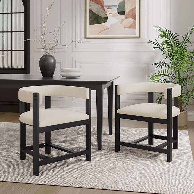 Christopher Knight Home Set of 2 Arley Modern Fabric Upholstered Dining Sturdy Wooden Kitchen Side Chair with Ergonomic Backrest and Footrest, Soft Padded Barrel, Beige+Black