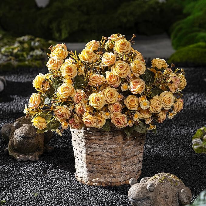 Artificial Flowers for Outdoor 4 Bundles Rose Bouquet with Daisy Faux Flowers UV Resistant for Home Indoor Outside Garden Porch Window Box Balcony Yard Porch Decor (Yellow)