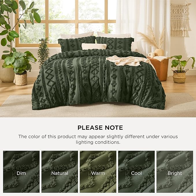 Bedsure Tufted Boho Comforter Set Queen Size - Olive Green Boho Bed Set, GentleSoft™ 3 Pieces Farmhouse Shabby Chic Embroidery Bedding, Gifts for Woman, Soft Jacquard Queen Comforter for All Seasons