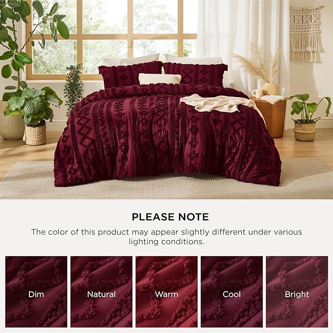 Bedsure Tufted Boho Comforter Set Queen Size - Dark Red Boho Bed Set, GentleSoft™ 3 Pieces Farmhouse Shabby Chic Embroidery Bedding, Gifts for Woman, Soft Jacquard Queen Comforter for All Seasons