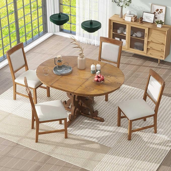 Merax Round Solid Wood Dining Table Set for 4, Farmhouse Kitchen Table Set with 4 Upholstered Chairs, 5-Piece Table and Chairs Set for Kitchen, Dining Room, Living Room, Walnut