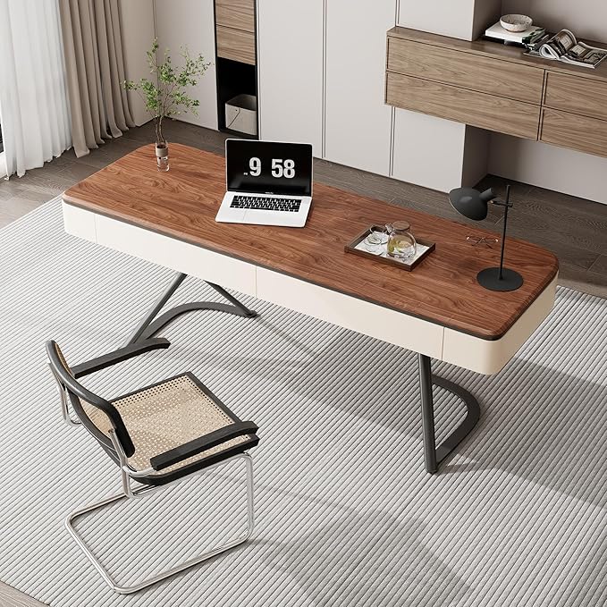 63-Inch Executive Desk, Large Computer Office Desk Workstation, Modern Simple Style Laptop Desk Study Writing Table Business Furniture for Home Office, Brown