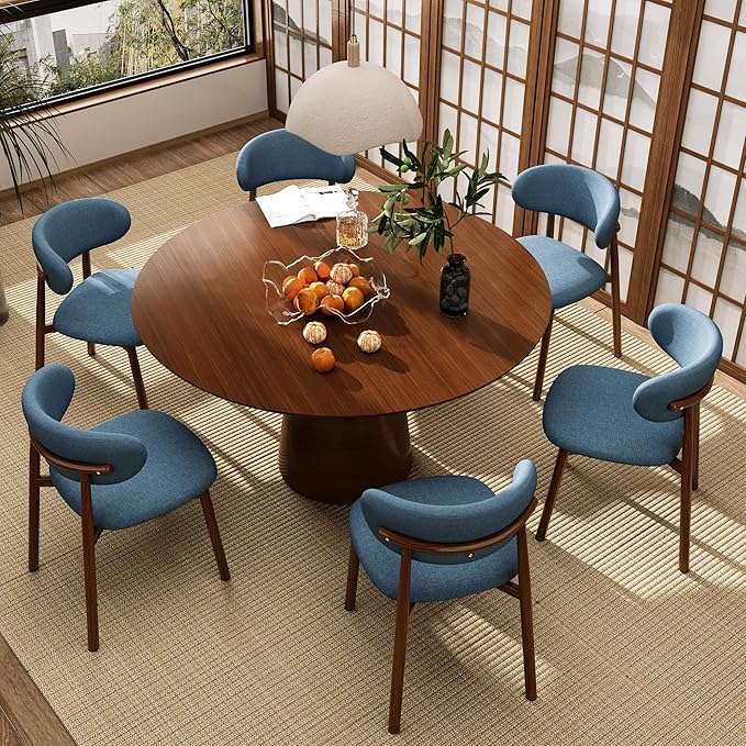 Kitchen Dining Chairs Set of 2 Modern Soft Linen Farmhouse Dining Room Chair with Metal Legs, Blue/Walnut