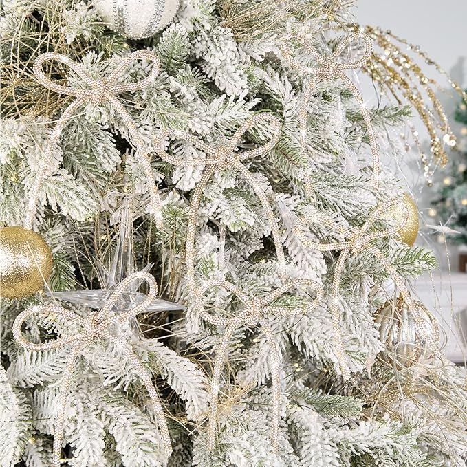 FLAIR GIFTS 6 Pcs 4.3" x 6" 2025 Christmas Bows for Tree Decor, Champagne Gold and Silver Sparkly Glitter Rhinestone Bow Ornaments with Twist Tie for Xmas Decoration, Wreath, Garland, Gift Wrapping