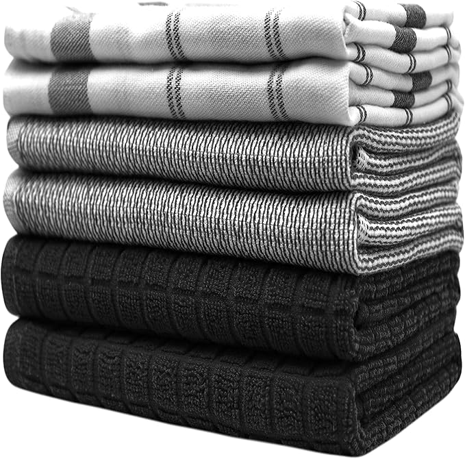 Premium Kitchen Towels 6 Pack Large Cotton Flat Terry Absorbent Tea Towels with Hanging Loop Black Check 20x28