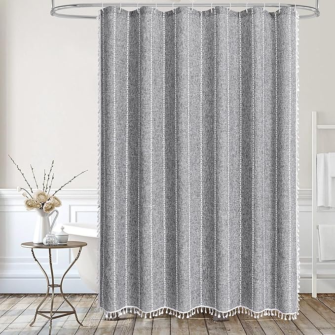 MitoVilla Dark Grey Boho Extra Long Shower Curtain 72 x 84, Dark Grey Modern Farmhouse 84 inch XL Polyester Linen Fabric Shower Curtain Set with Hooks for Cottagecore Country Bathroom Decor