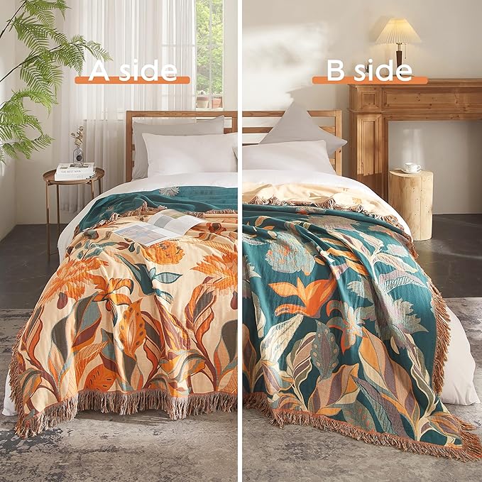 Boho Throw Blanket 100% Cotton Woven Ultra Soft 4-Layer Muslin Quilt Farmhouse Bed Blanket Cover 80"x90", Floral