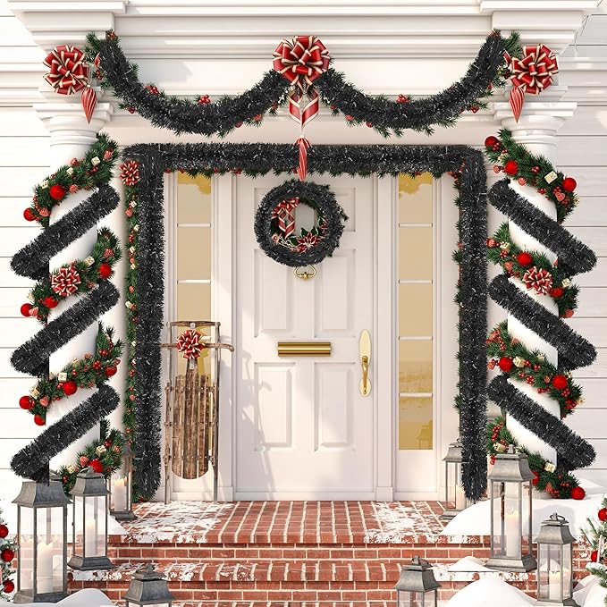 50 Ft Christmas Tinsel Garland Black Thick Tinsel Garland Xmas Tree Decorations Metallic Tinsel Twist Garland for Christmas, Birthday, Party Decor Indoor Outdoor Party Supplies