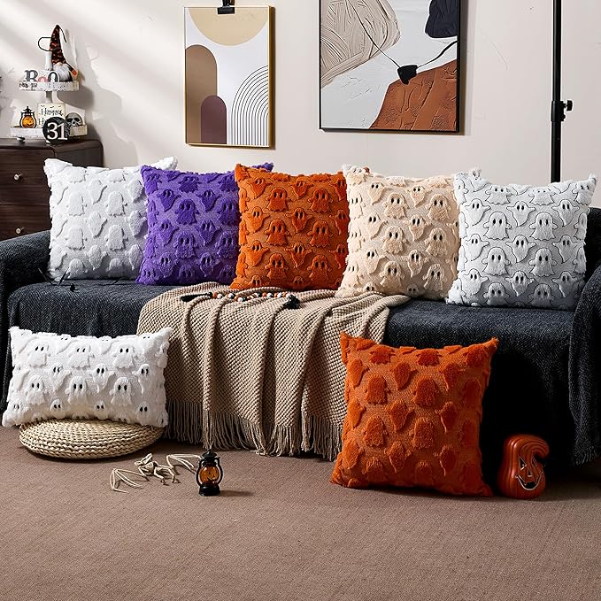 DFXSZ Halloween Pillow Covers 20x20 inch Set of 2 Beige Ghost Throw Pillow Cases Soft Plush Faux Fur Wool Cushion Case for Chair Bedroom Living Room Home Decor PTK03D20