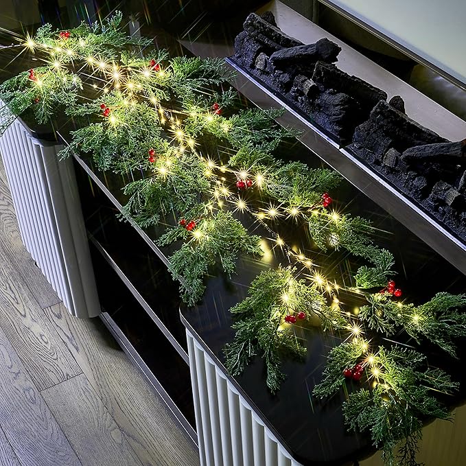 Fudios Lighted Pine Garland with Timer Red Berry Decor 80 LED 6FT Battery Operated USB Plug in,Lit Christmas Garland Cypress Leaves Lights for Home Mantle Inside