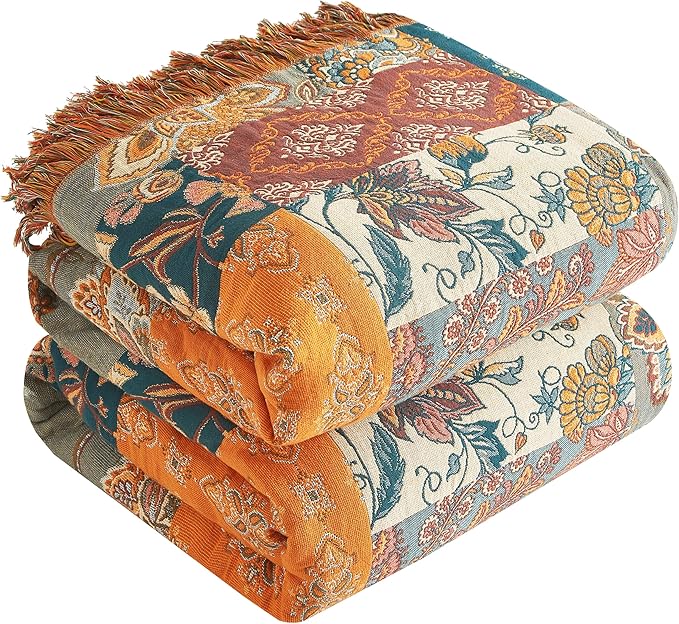 Boho Throw Blanket 100% Cotton Woven Ultra Soft 4-Layer Muslin Quilt Farmhouse Bed Blanket Cover 80"x90", Patchwork Floral