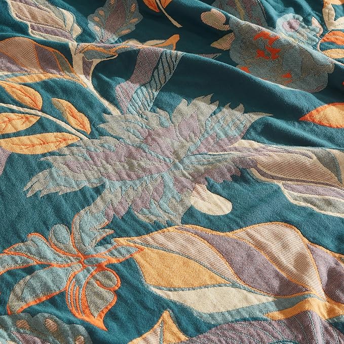 Boho Throw Blanket 100% Cotton Woven Ultra Soft 4-Layer Muslin Quilt Farmhouse Bed Blanket Cover 80"x90", Floral