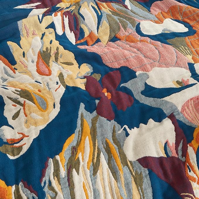 Boho Throw Blanket 100% Cotton Woven Ultra Soft 4-Layer Muslin Quilt Farmhouse Bed Blanket Cover 90"x98", Vintage Floral