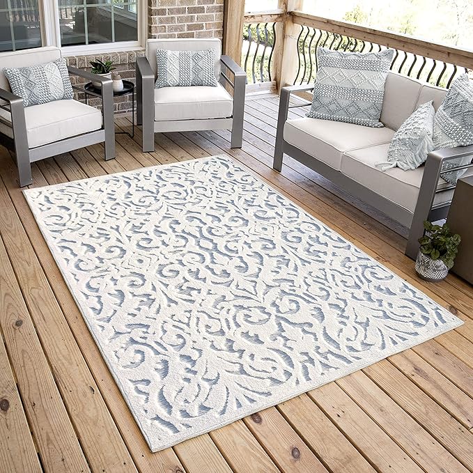 My Texas House Lady Bird Area Rug 7.9x10.10 Indoor Outdoor, Natural Harbor Blue