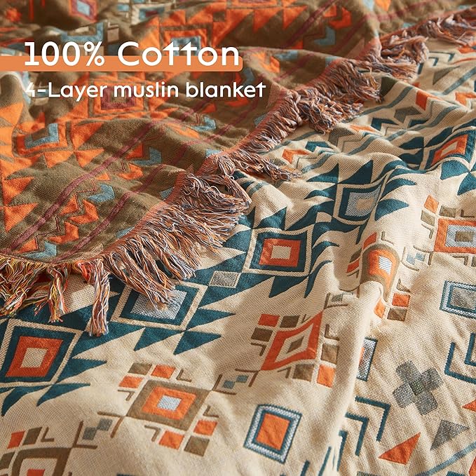 Boho Throw Blanket 100% Cotton Woven Ultra Soft 4-Layer Muslin Quilt Farmhouse Bed Blanket Cover 60"x80", Diamond