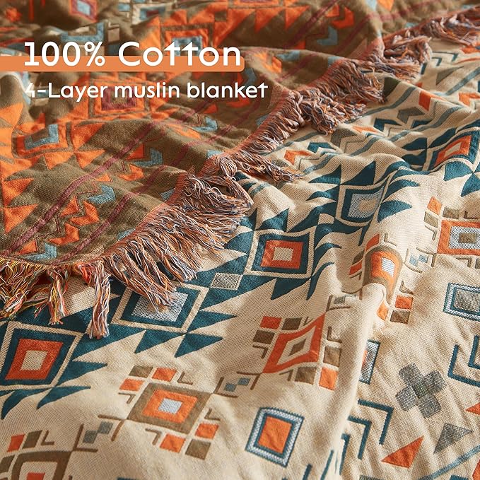 Boho Throw Blanket 100% Cotton Woven Ultra Soft 4-Layer Muslin Quilt Farmhouse Bed Blanket Cover 80"x90", Diamond